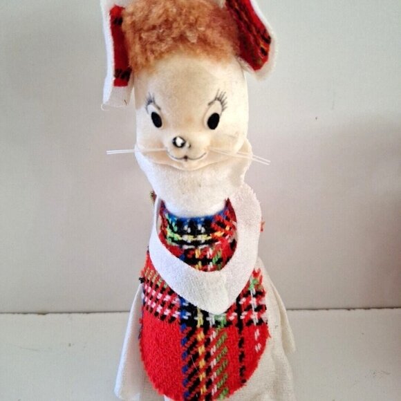 Japan Other - Flocked White Mouse Christmas Ornament 6" Plaid Apron Ears Vintage Taiwan